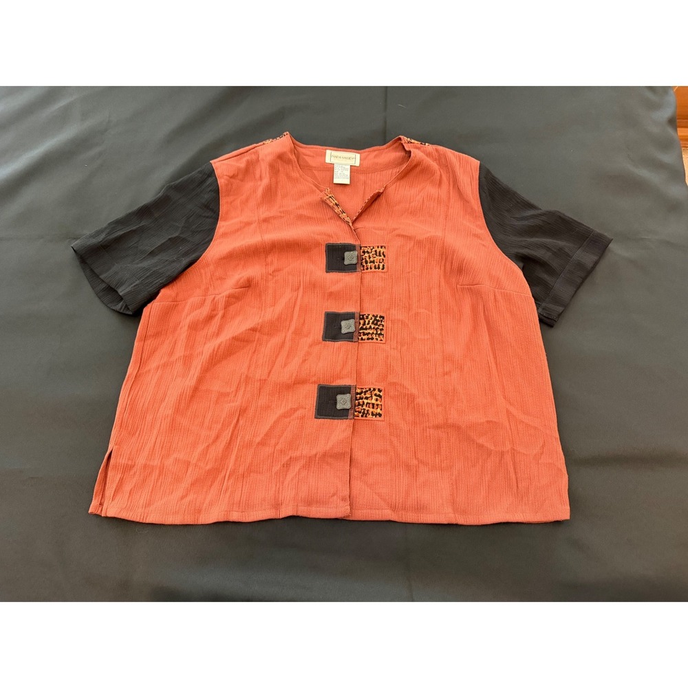 Napa Valley Womens 1X Terracotta Black Crinkle Top Leopard Print Button Blouse